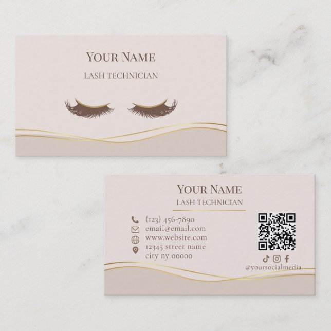 Elegant QR-kod Beige och Guld Ögonfransstylist Visitkort (Fram/baksida)