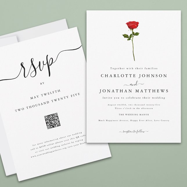 Elegant QR-kod Bröllop med enkel Röd ros Inbjudningar (Single red rose elegant script wedding qr code invitation Watercolor floral minimalist stylish chic)