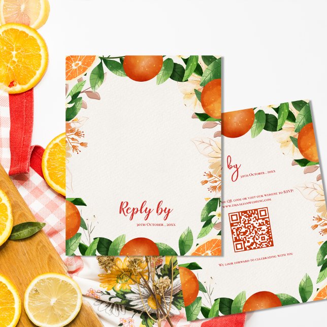 Elegant QR-kod Citrus Orange Autumn Fall Wedding OSA Kort (Elegant QR Code Citrus Orange Autumn Fall Wedding RSVP Card)