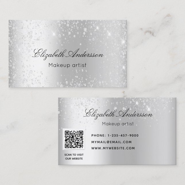 elegant QR-kod för silver metall glitter Visitkort (Fram/baksida)