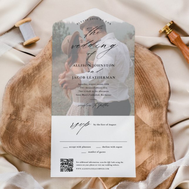 Elegant QR-kod Foto Bröllop (Elegant Script Photo Wedding All in One Invitation with Tear off  RSVP Card.)