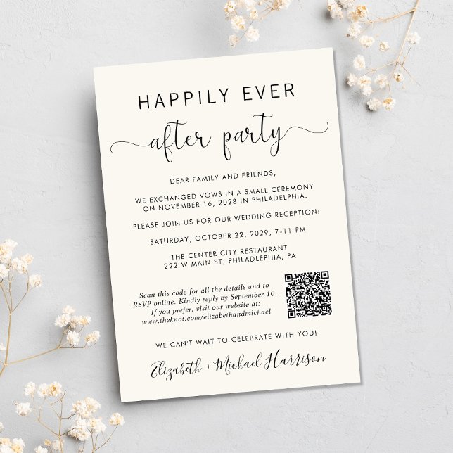 Elegant QR-kod Foto Kräm Bröllopsmottagning Inbjudningar (Input your wedding website address to create a scannable QR code)