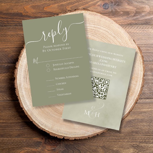 Elegant QR-kod Handflatan Lövs Classic Meal Choal OSA Kort (Simple Green watercolor RSVP card with classic meal choice and QR Code.)