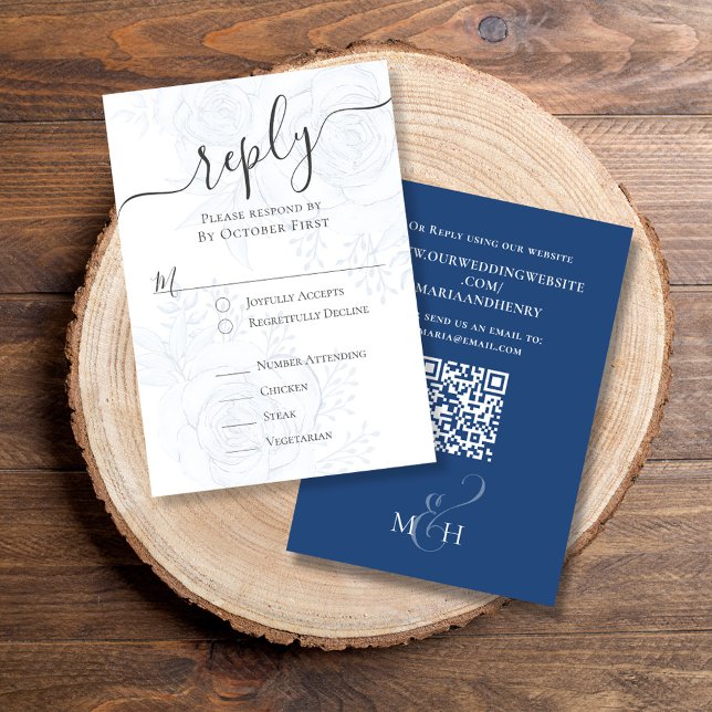 Elegant QR-kod: Klassiskt val av blå Blommigt för  OSA Kort (Classic RSVP card with elegant blue floral design with classic meal choice )