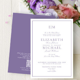Elegant QR-kod Lavender Classic Monogram Bröllop Inbjudningar