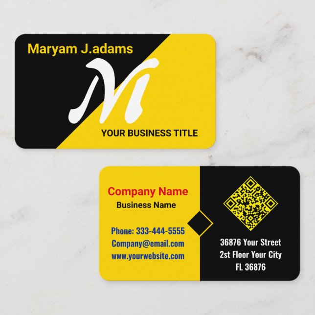 Elegant (QR-kod) Modern Monogram Black Guld Visitkort (Fram/baksida)