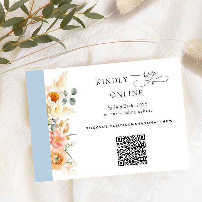 Elegant QR-kod OSA Peach och Blue Bröllop Tilläggskort (Skapare uppladdad)