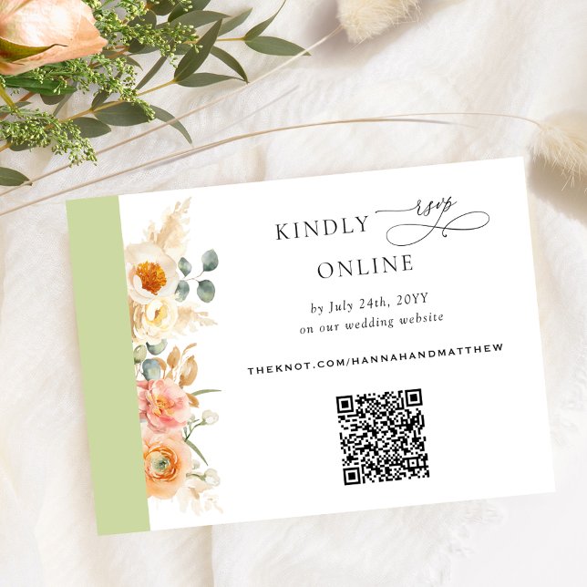 Elegant QR-kod OSA Peach och Grönt Bröllop Tilläggskort (Skapare uppladdad)
