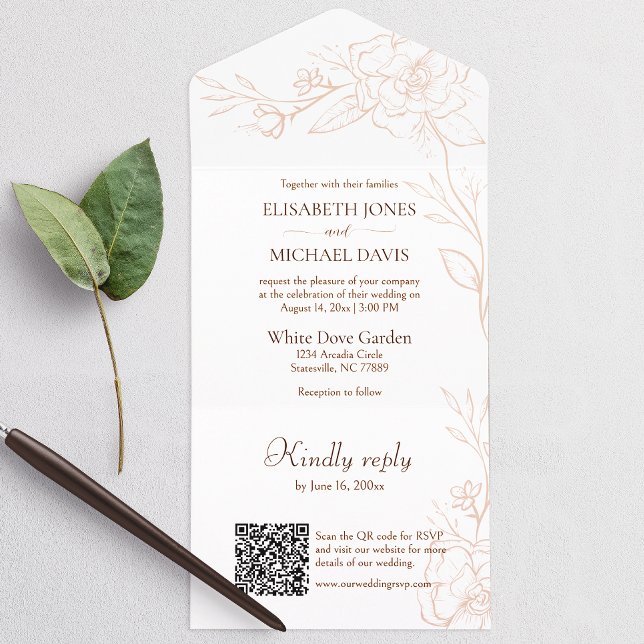 Elegant QR-kod Peach Bröllop (All-in-one wedding invitation with QR code to RSVP - Simplify and save time for you and your guests.)