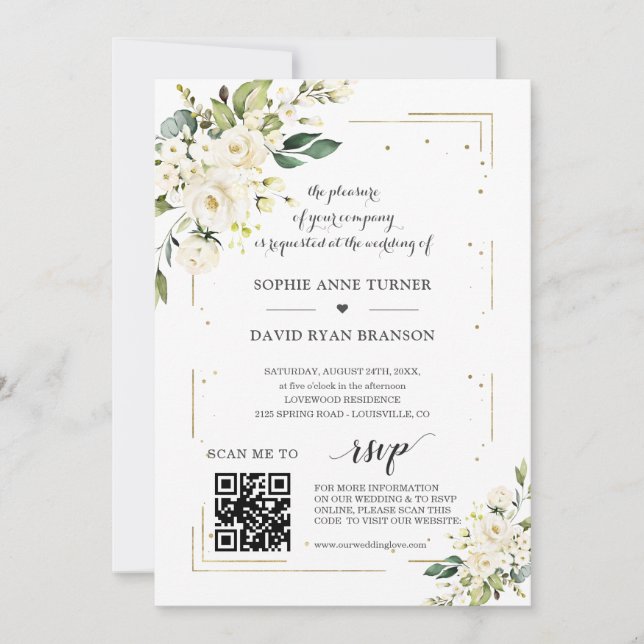 Elegant QR-kod Vitblommor Guld Bröllop Inbjudningar (Framsida)