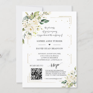 Elegant QR-kod Vitblommor Guld Bröllop Inbjudningar