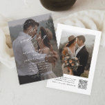 Elegant QR-kodfoto Bröllop Inbjudningar<br><div class="desc">Elegant QR-kod Fotobröllopsinbjudan med elegantens skriptinformation om kalligrafi och klassisk textövertäckning på ett foto av lodrät porträtt på framsidan. På baksidan finns en fullt med utfallsbild och OSA. Klicka på knappen Redigera om du vill anpassa designen.</div>