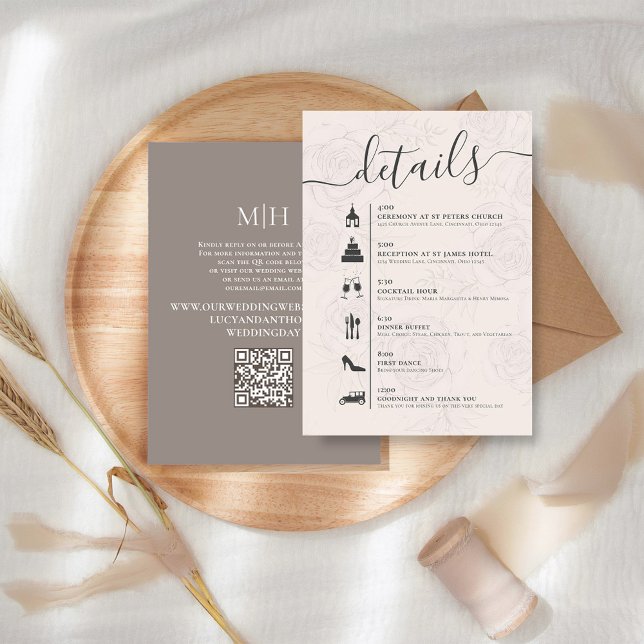 Elegant QR-Online OSA Bröllop tidslinje  Tilläggskort (Wedding details card with simple timeline and QR code Online RSVP)