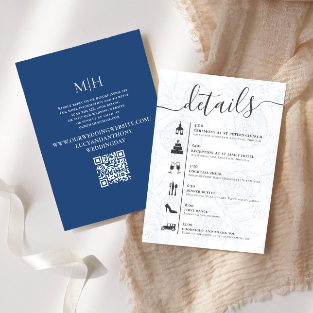 Elegant QR-Online OSA Bröllop tidslinjeblått Tilläggskort (Wedding details card with a creative timeline with a scannable QR Code. )