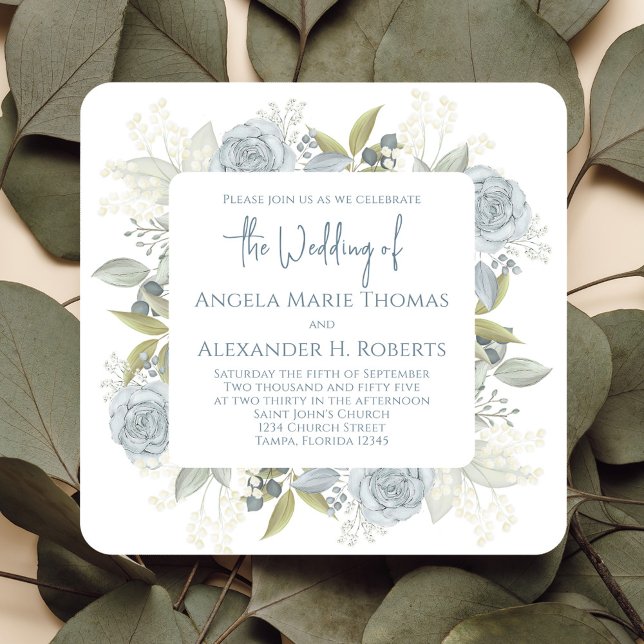 Elegant QR-Online OSA Vattenfärgsblå Ro Inbjudningar (Elegant Watercolor Blue Floral Wedding Invitation with QR Code on the back)