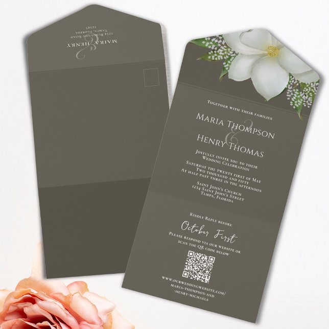 Elegant QR OSA Simple Online White Magnolia (Elegant QR Code tri-fold magnolia all in one invitation invitation)