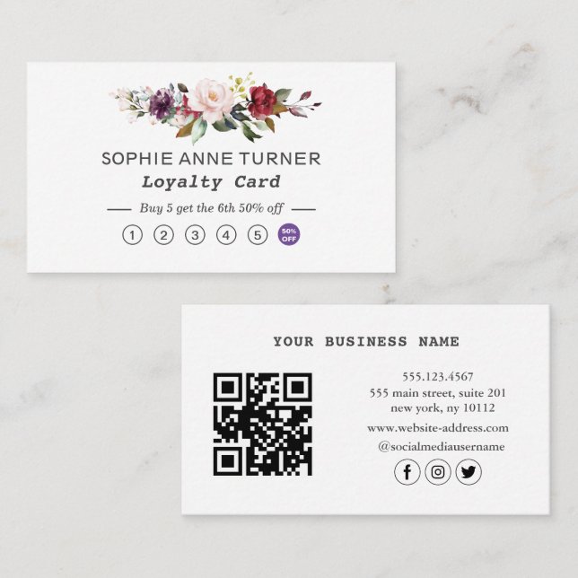 Elegant QR-Professionell för Burgundy Rosa Blommig Lojalitetskort (Fram/baksida)