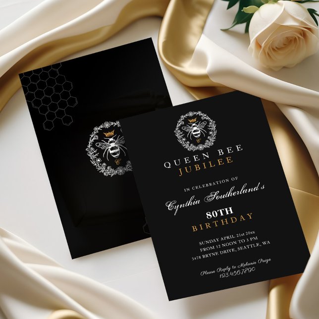 Elegant Queen Bee Jubilee Black & Guld Birthday Inbjudningar (Elegant Queen Bee Jubilee Black & Gold Birthday Invitation)