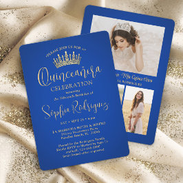 Elegant Quinceañera 3 Photo Royal Blue Guld Inbjudningar