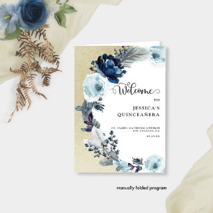 Elegant Quinceañera Blå och Guld Blommig Program
