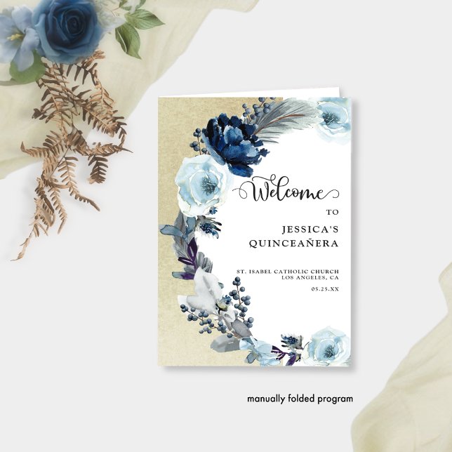 Elegant Quinceañera Blå och Guld Blommig Program (Skapare uppladdad)