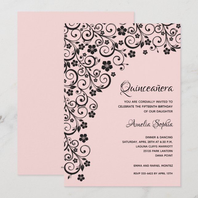 Elegant Quinceañera Black and Rosa Investigations (Fram/baksida)