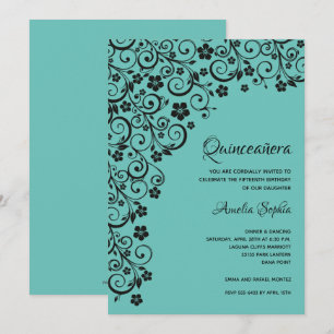 Elegant Quinceañera Black and Turquise-inbjudan