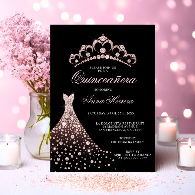 Elegant Quinceañera Black Rosa Tiara Gown Dress Inbjudningar (Elegant Quinceañera Black Pink Tiara Gown Dress Invitation)