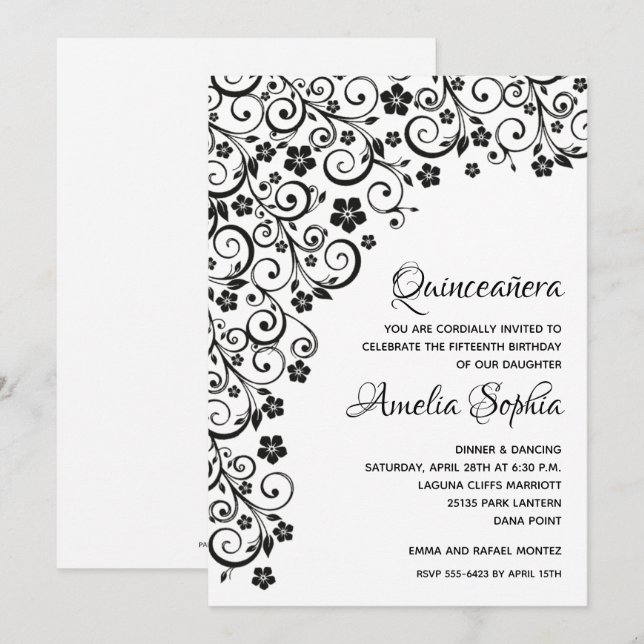 Elegant Quinceañera Black Swirls & Flowers (Fram/baksida)