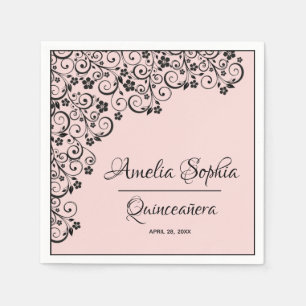 Elegant Quinceañera Black Swirls på Rosa Pappersservett