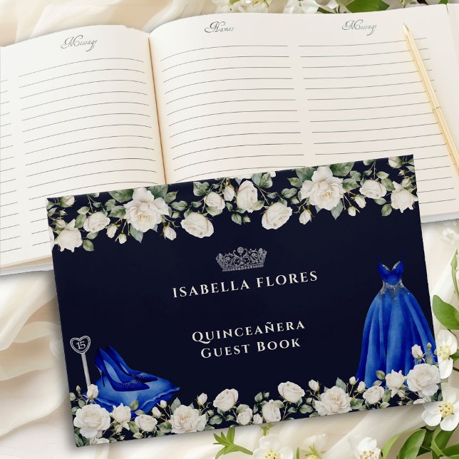 Elegant Quinceanera Blommigt Princess Dress Blue Gästböcker (Guest book from the Princess Dress and Roses Quinceanera collection by Darling & May)