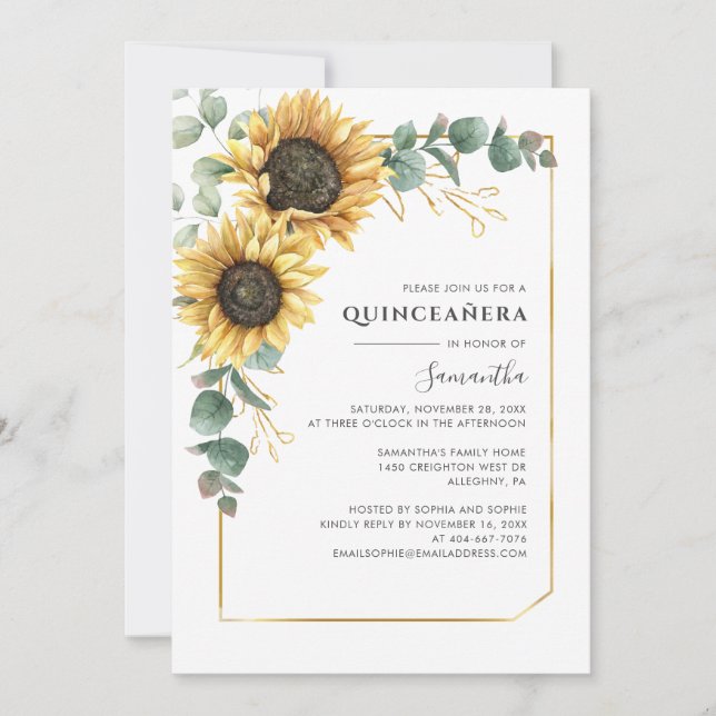 Elegant Quinceanera Blommigt Solros Eucalyptus 15 Inbjudningar (Framsida)