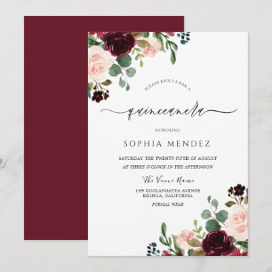 Elegant Quinceanera: Blommor från Burgundy Red Vin Inbjudningar