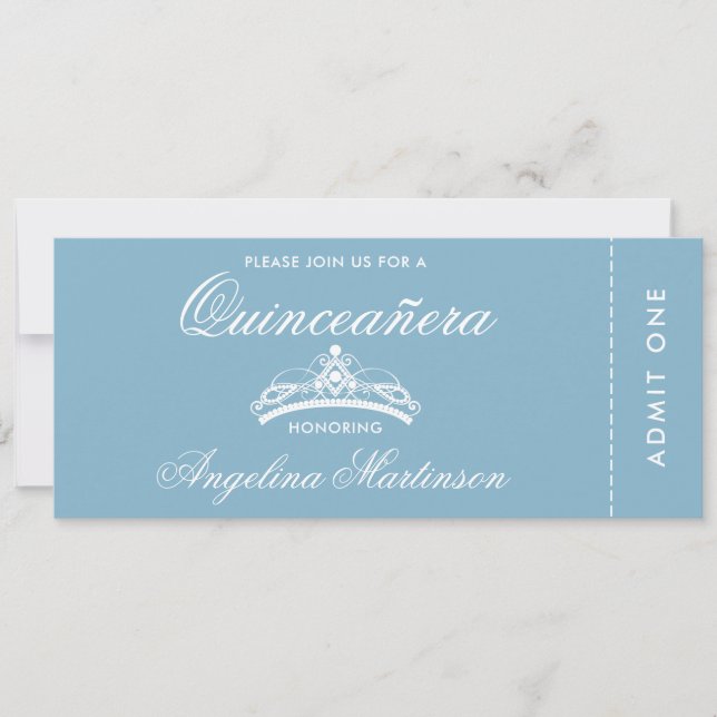 Elegant Quinceanera Blue and White Biljett Inbjudningar (Framsida)