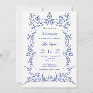 Elegant Quinceañera Blue Blommigt inbjudan
