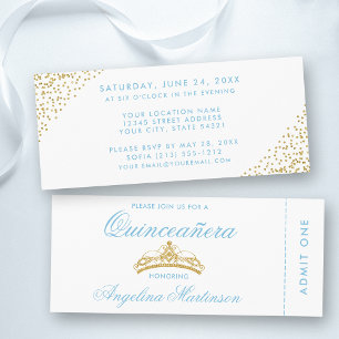 Elegant Quinceanera Blue och Guld Biljett Inbjudningar
