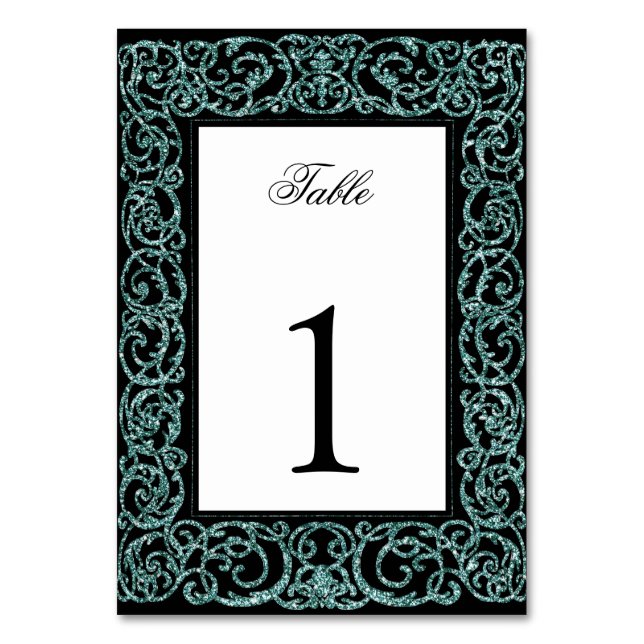 Elegant Quinceanera Bordnummer Teal Scrollwork Bordsnummer (Framsidan)