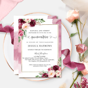 Elegant Quinceañera Burgundy Blommigt för Rosa Inbjudningar