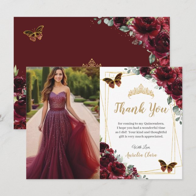 Elegant Quinceañera Burgundy Roses Floral Photo  Tack Kort (Fram/baksida)
