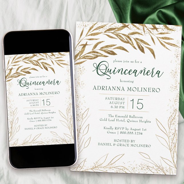 Elegant Quinceanera Emerald Grönt och Guld Löv Inbjudningar (decorated on both sides and available professionally printed or as a printable download)