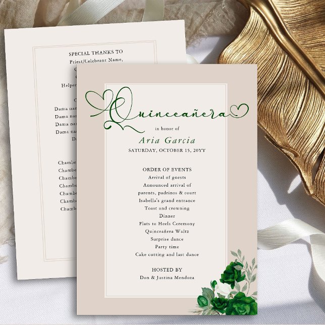 Elegant Quinceanera Emerald Grönt Ro Program (Quinceanera Programs from the Royal Rose Emerald Green Quinceanera Collection by Darling & May)