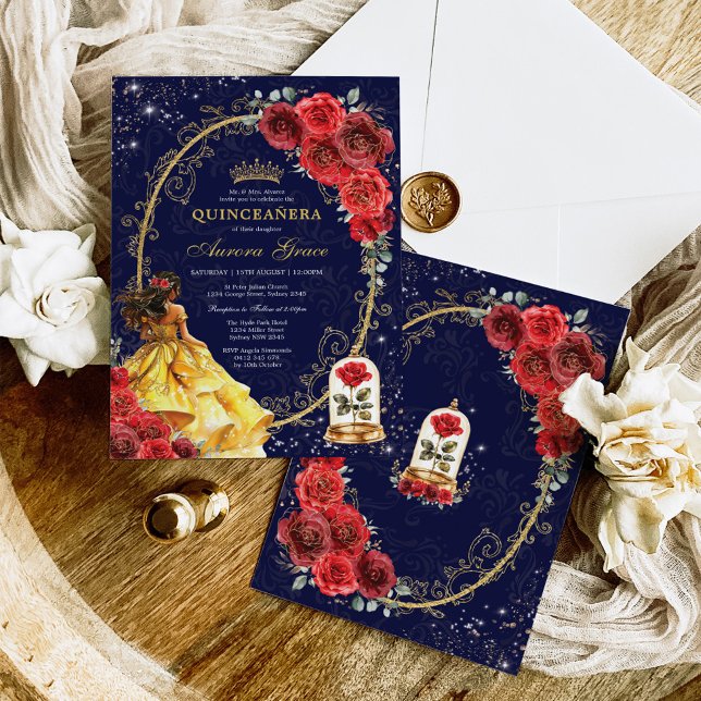 Elegant Quinceañera Enchanted Röd ros Blommigt Inbjudningar (Skapare uppladdad)