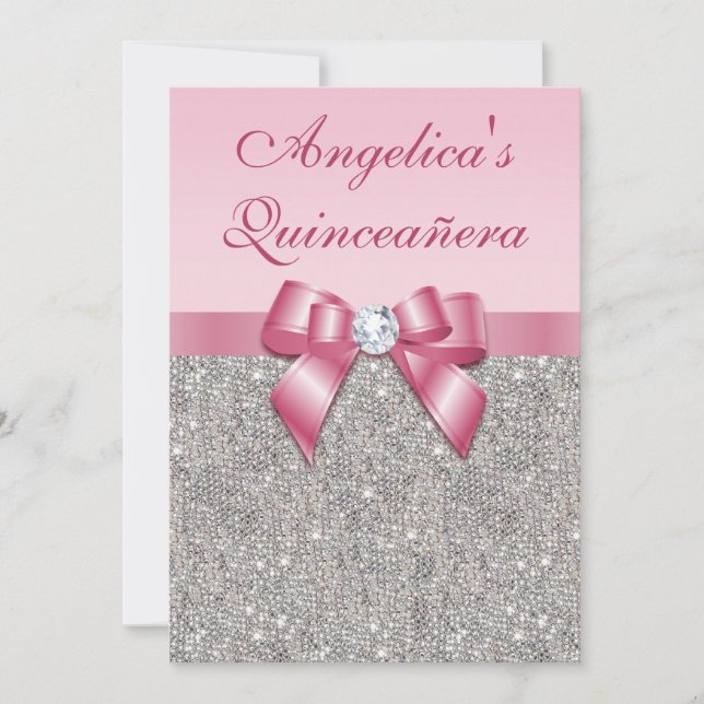 Elegant Quinceañera Faux Silver Sequins Rosa Bow Inbjudningar (Framsida)