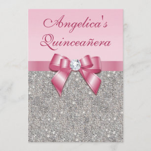 Elegant Quinceañera Faux Silver Sequins Rosa Bow Inbjudningar