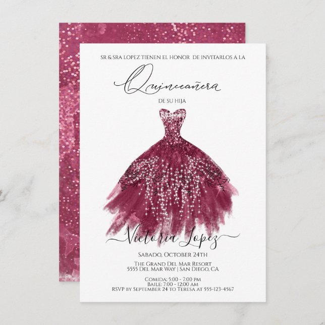 Elegant Quinceañera Glitter Gnistra Spanska quince Inbjudningar (Fram/baksida)
