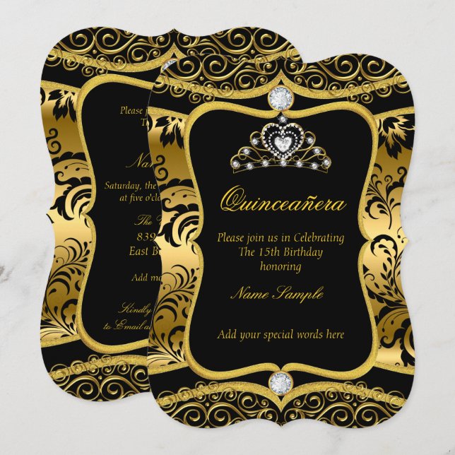 Elegant Quinceanera Guld Black Damask Tiara Inbjud Inbjudningar (Fram/baksida)