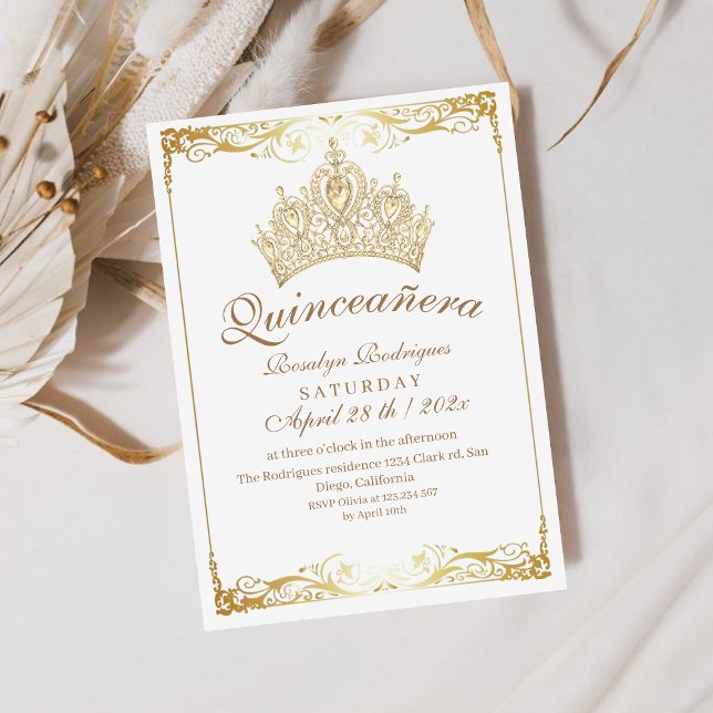 Elegant Quinceañera Guld Krona Vitinbjudan Inbjudningar (Skapare uppladdad)