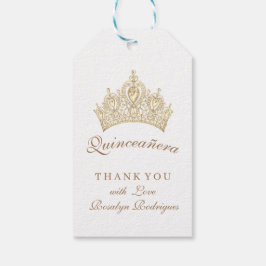 Elegant Quinceañera Guld Krona White Tack Presentetikett