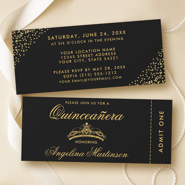 Elegant Quinceanera Guld och Svarta Biljett Inbjudningar (Customize to change text style or text size.)