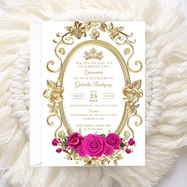 Elegant Quinceañera-inbjudan Blommigt Guld Rosa Z5 Inbjudningar (Skapare uppladdad)